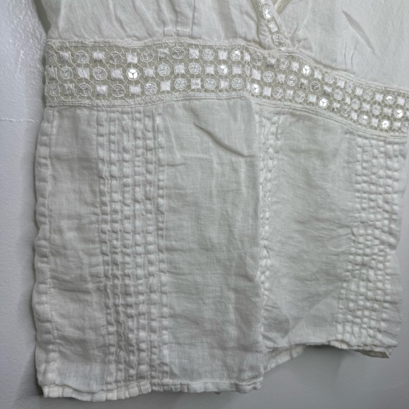 120% LINO White Linen Eyelet Cap Sleeve Top - Picture 4 of 8